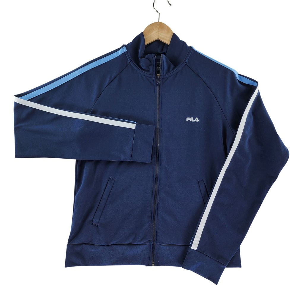 FILA Track Jacket women M Navy Blue Made USA Full Zip Retro Y2K White Stripe